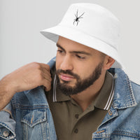 White bucket hat with Black Arachnid Creepy Black Widow Spider embroidered artwork, left-front view