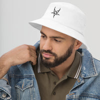 White bucket hat with Black Inverted Pentagram Black Metal Style embroidered artwork, left-front view