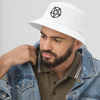 White bucket hat with Black Inverted Pentagram Occult Symbol embroidered artwork, left-front view