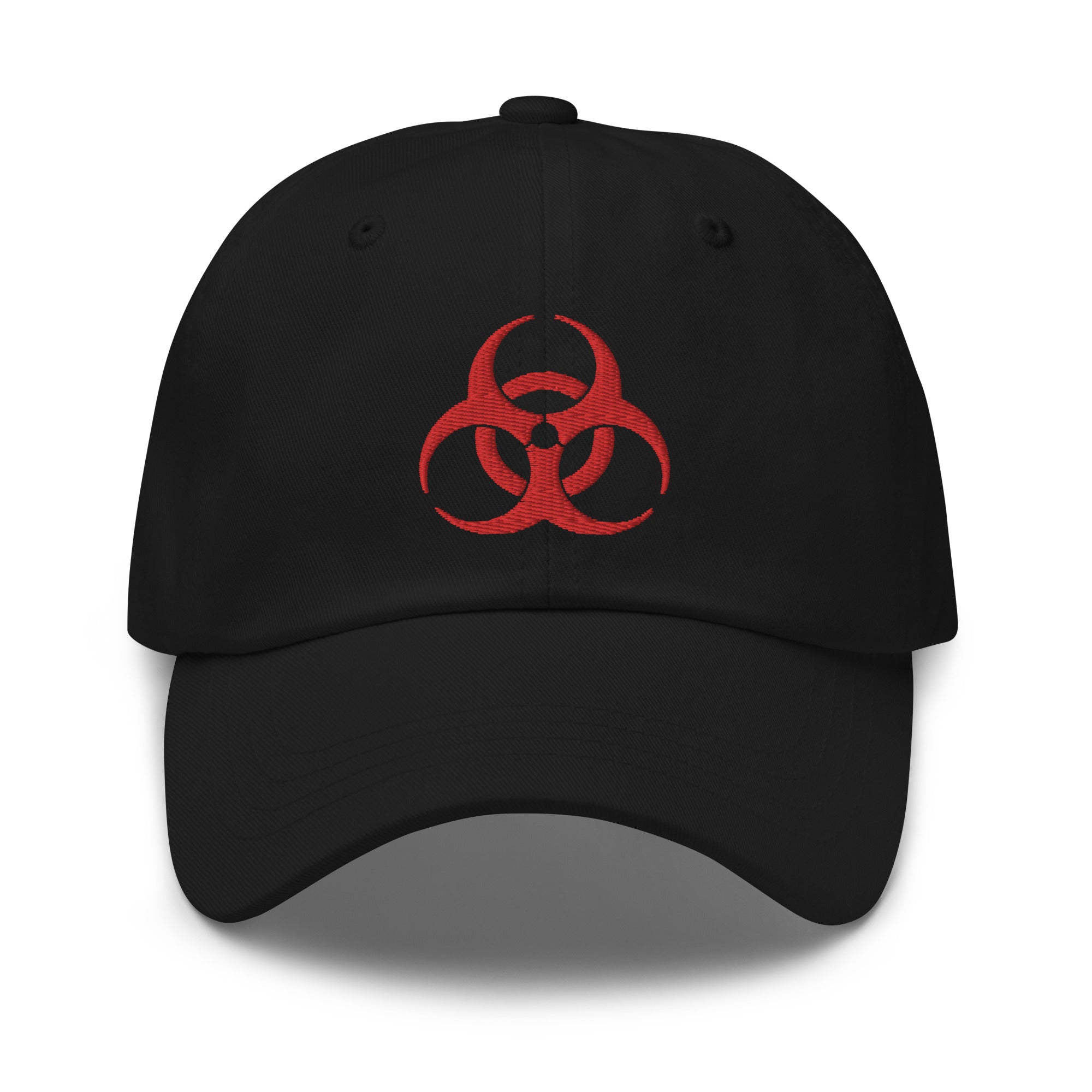 Red Thread Bio Hazard Symbol Warning Sign Embroidered Baseball Cap Dad hat Zombies - Edge of Life Designs