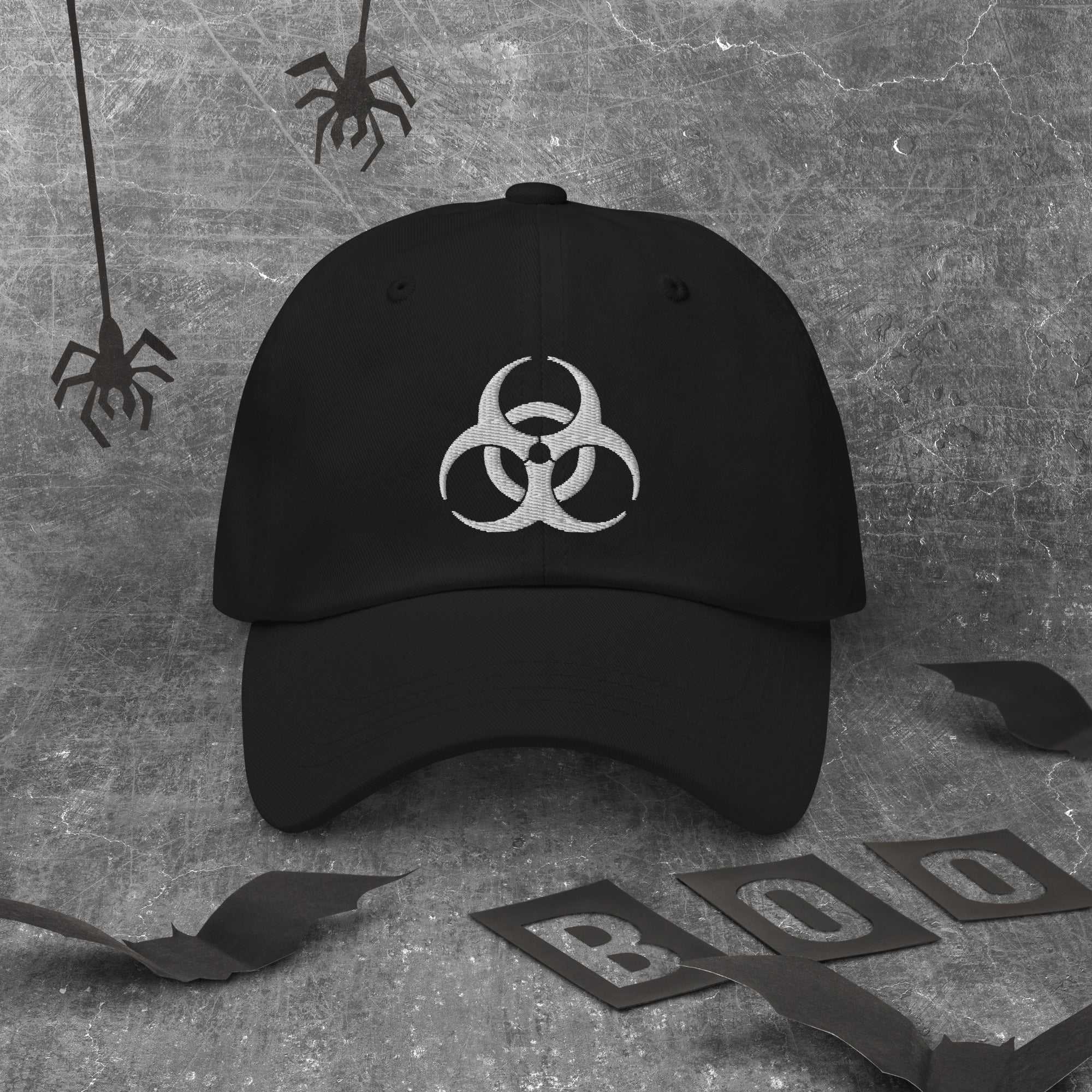 White Thread Bio Hazard Symbol Warning Sign Embroidered Baseball Cap Dad hat Zombie - Edge of Life Designs