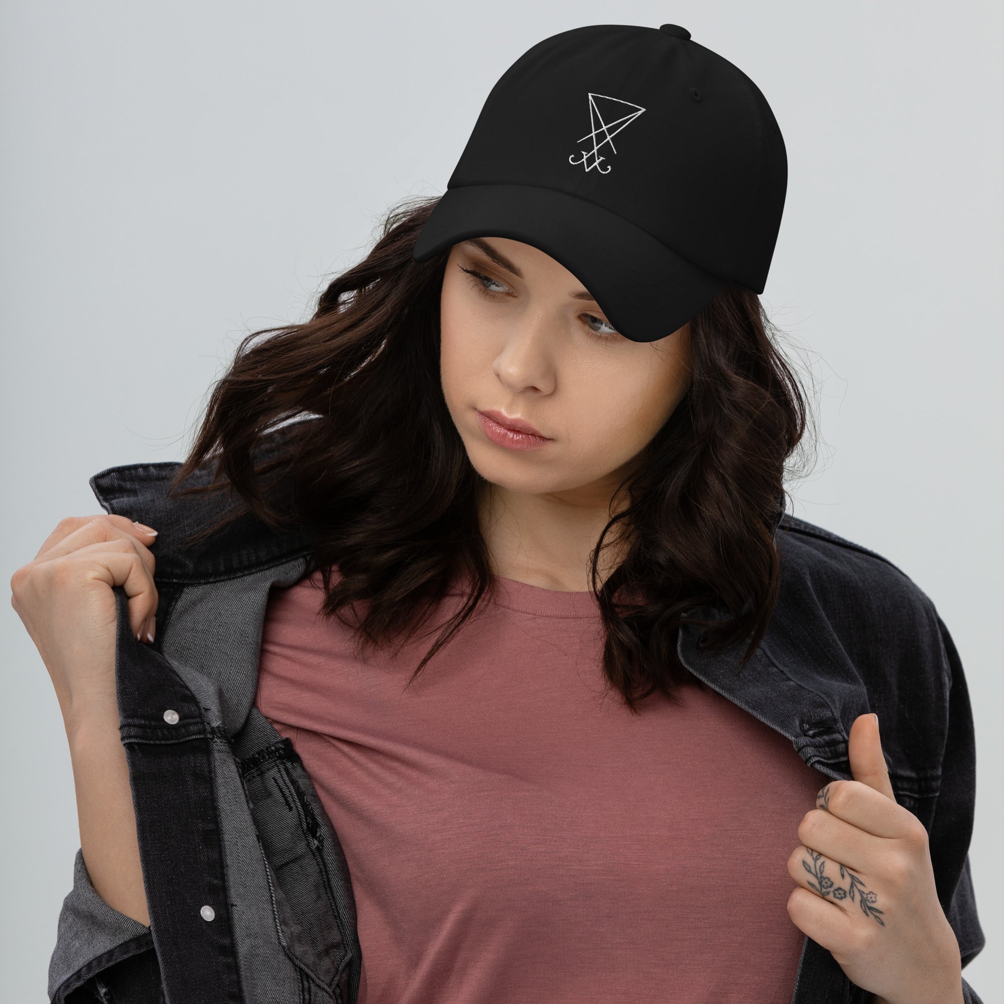 White Thread Sigil of Lucifer Symbol The Seal of Satan Embroidered Baseball Cap Dad hat - Edge of Life Designs