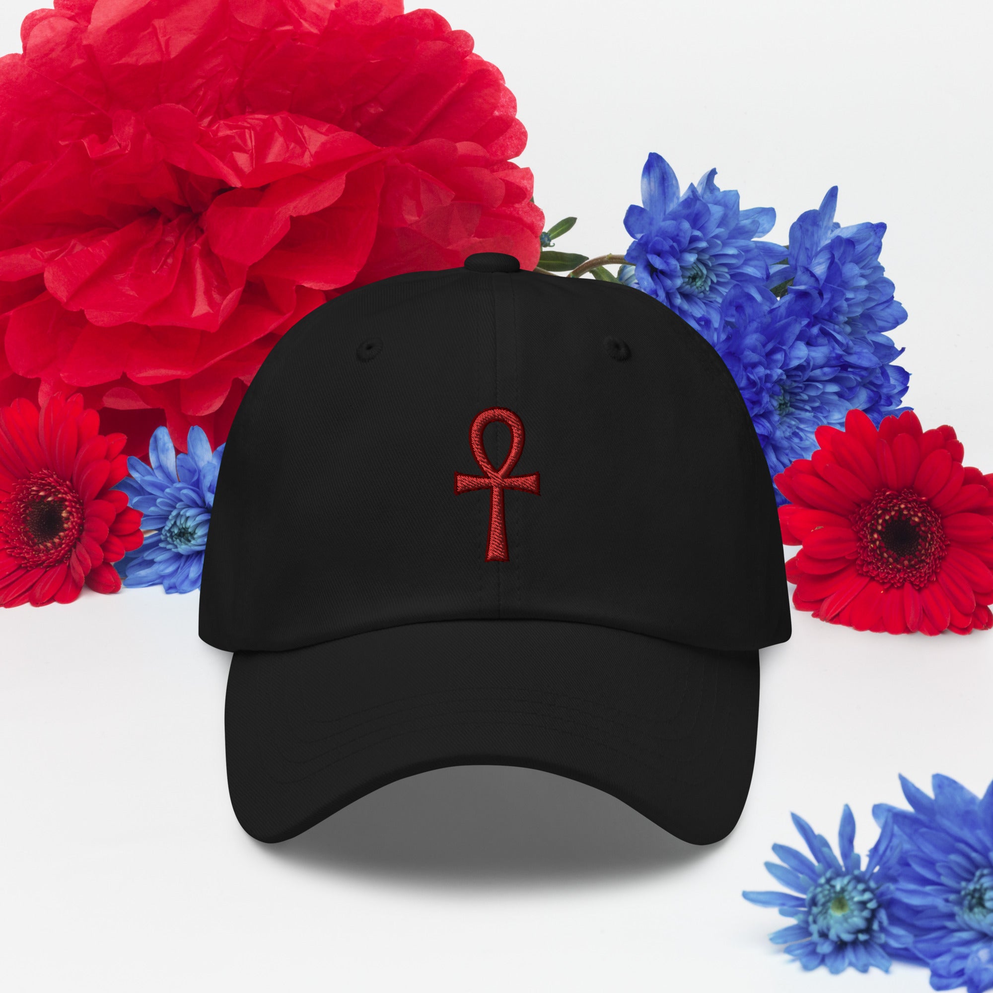 The Key of Life Ankh Ancient Egyptian Culture Embroidered Baseball Cap Dad hat Red Thread - Edge of Life Designs
