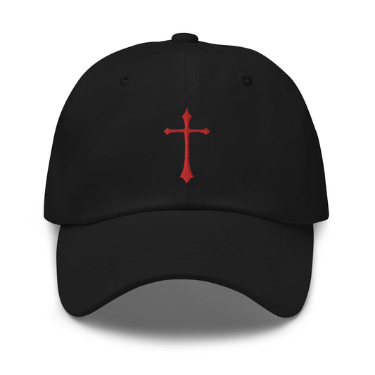 Red Gothic Ancient Medeival Cross embroidered dad hat, product image 1