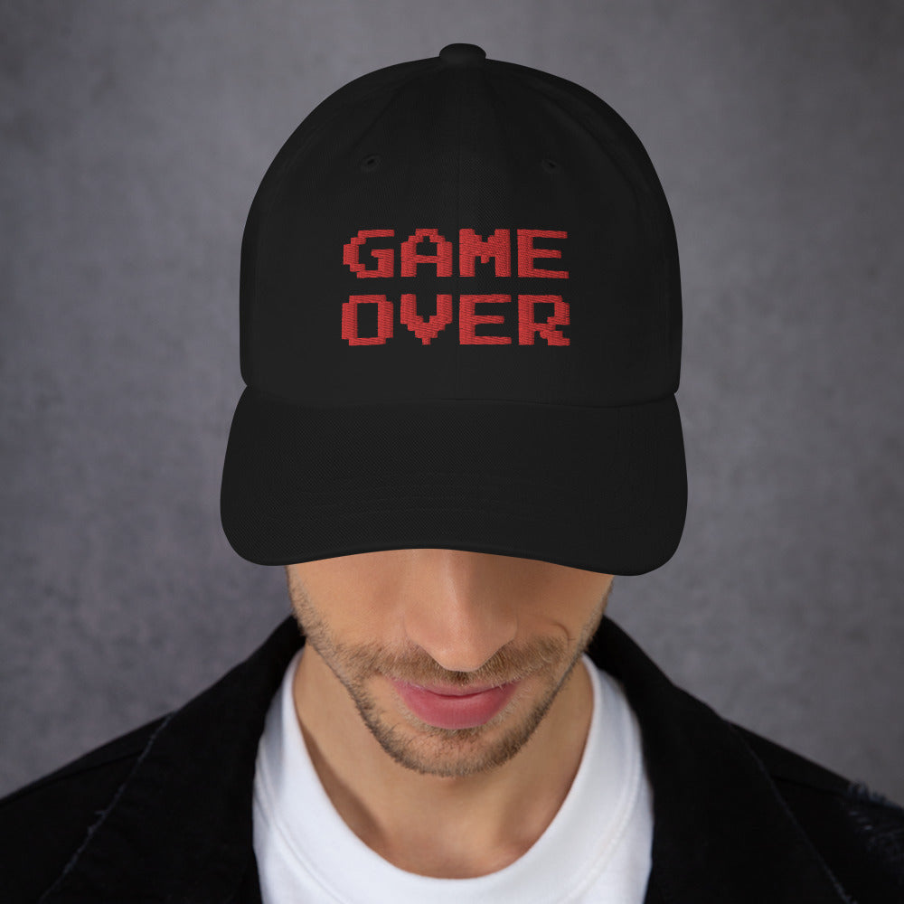 Game Over 8 Bit Embroidered Baseball Cap Red Thread 80's Classic Gaming Dad hat - Edge of Life Designs