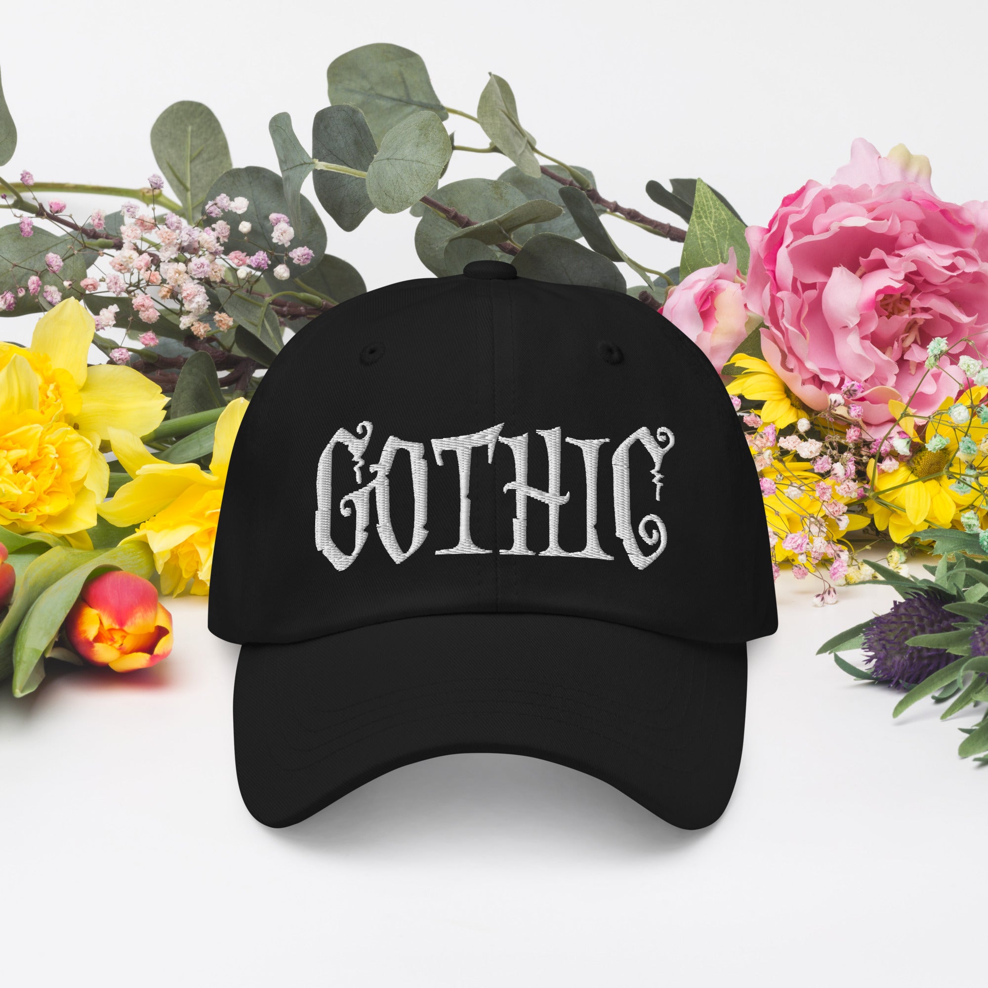 Gothic Dramatic Style Embroidered Baseball Cap Dark Goth Clothing White Thread Dad hat - Edge of Life Designs