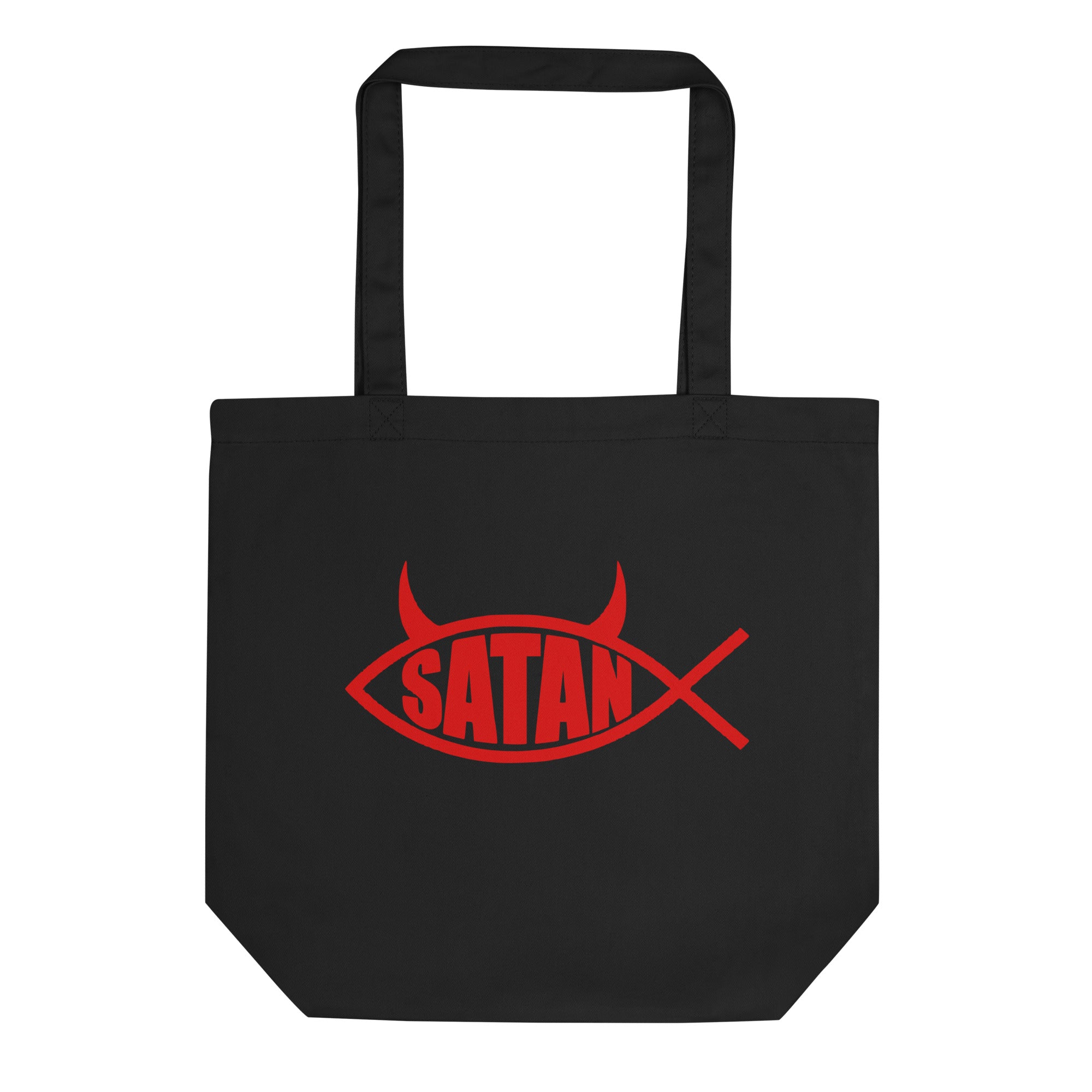Red Satan Fish with Horns Religious Satire on Jesus Fish Eco Tote Bag - Edge of Life Designs