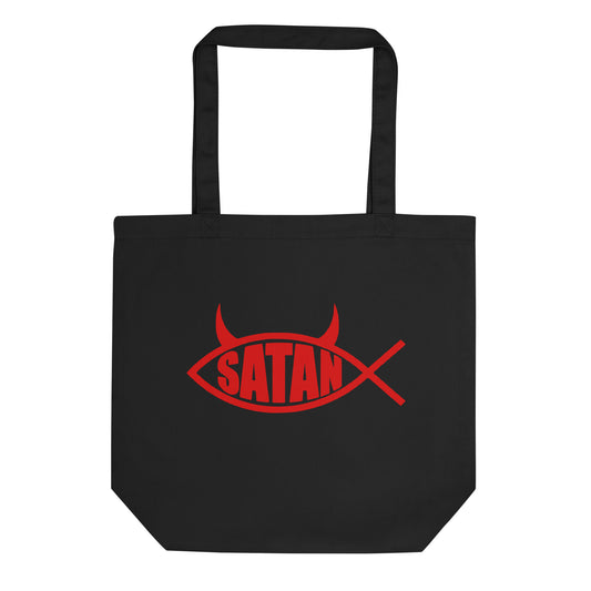Red Satan Fish artwork on unisex tote bag, front view