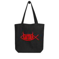 Red Satan Fish artwork on unisex tote bag, front view