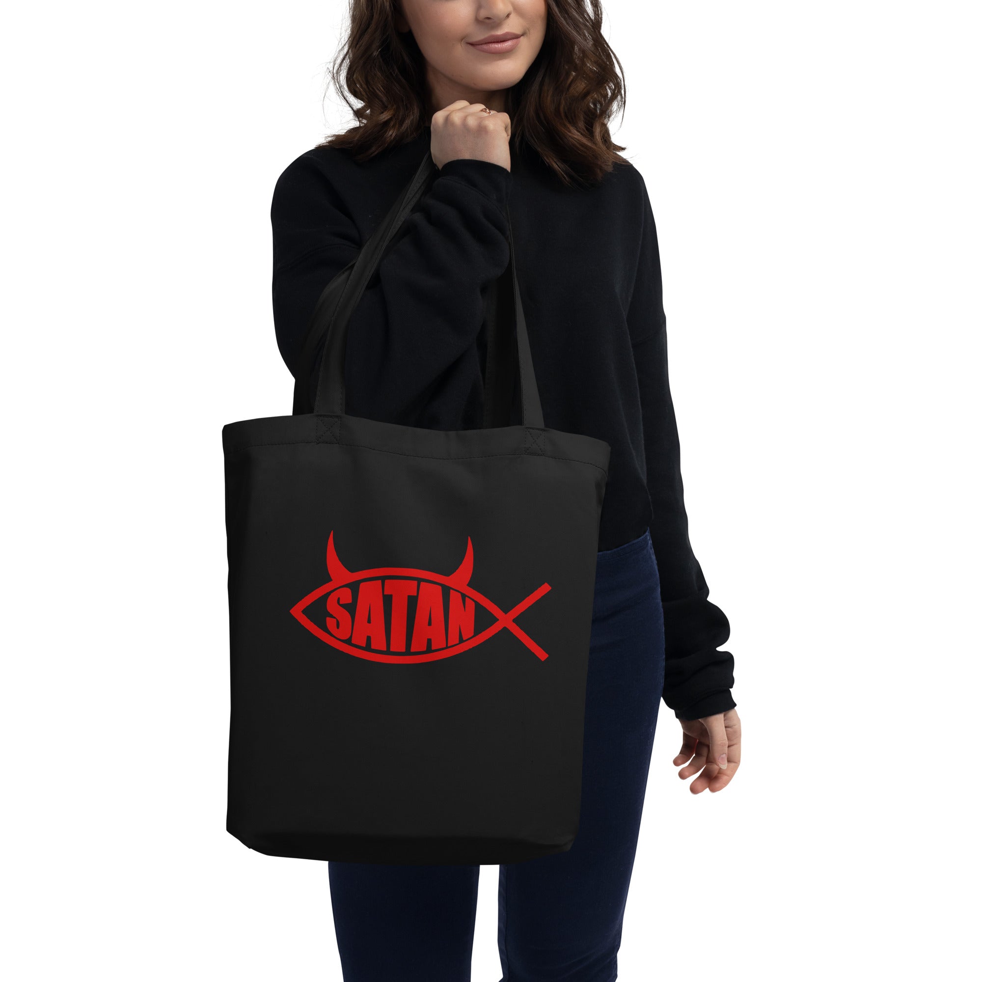 Red Satan Fish with Horns Religious Satire on Jesus Fish Eco Tote Bag - Edge of Life Designs
