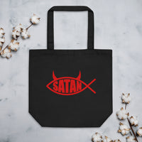 Red Satan Fish artwork on unisex tote bag, front view
