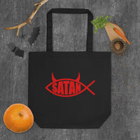 Red Satan Fish artwork on unisex tote bag, front view