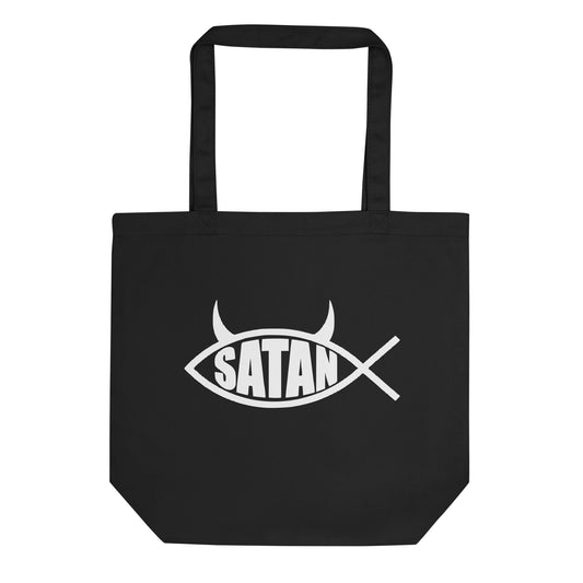 White Satan Fish artwork on unisex tote bag, front view