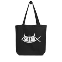 White Satan Fish artwork on unisex tote bag, front view