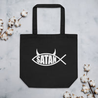 White Satan Fish artwork on unisex tote bag, front view