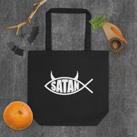 White Satan Fish artwork on unisex tote bag, front view