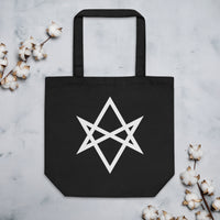 Unicursal Hexagram artwork on unisex tote bag, front view