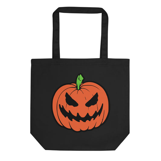 Jack-O'-Lantern artwork on unisex tote bag, front view
