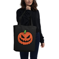 Jack-O'-Lantern artwork on unisex tote bag, front view