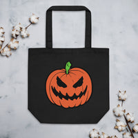Jack-O'-Lantern artwork on unisex tote bag, front view