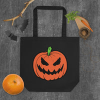 Jack-O'-Lantern artwork on unisex tote bag, front view