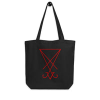 Red Sigil of Lucifer artwork on unisex tote bag, front view