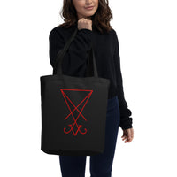 Red Sigil of Lucifer artwork on unisex tote bag, front view