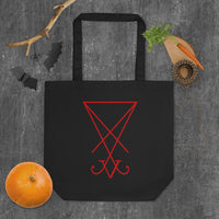 Red Sigil of Lucifer artwork on unisex tote bag, front view