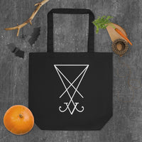 White Sigil of Lucifer artwork on unisex tote bag, front view