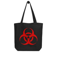 Red Biohazard Symbol artwork on unisex tote bag, front view