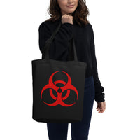 Red Biohazard Symbol artwork on unisex tote bag, front view
