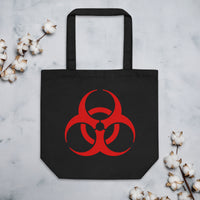 Red Biohazard Symbol artwork on unisex tote bag, front view