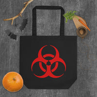 Red Biohazard Symbol artwork on unisex tote bag, front view