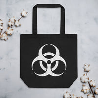 White Biohazard Symbol artwork on unisex tote bag, front view