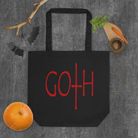 Red GOTH Wordmark artwork on unisex tote bag, front view