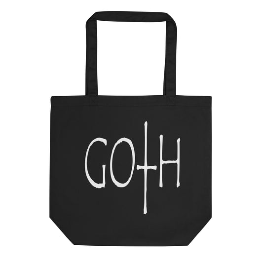 White GOTH Wordmark artwork on unisex tote bag, front view