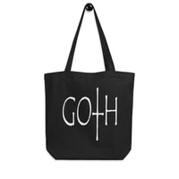 White GOTH Wordmark artwork on unisex tote bag, front view