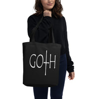 White GOTH Wordmark artwork on unisex tote bag, front view