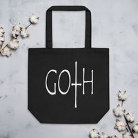 White GOTH Wordmark artwork on unisex tote bag, front view