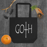 White GOTH Wordmark artwork on unisex tote bag, front view