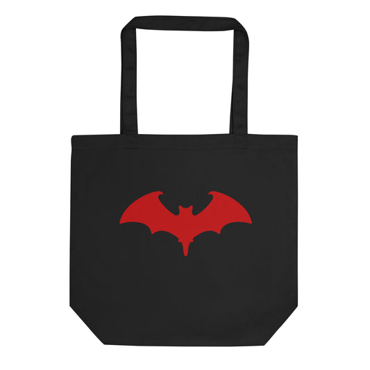 Red Vampire Bat artwork on unisex tote bag, front view