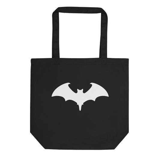 White Vampire Bat artwork on unisex tote bag, front view