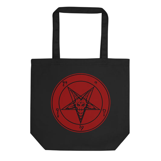 Red Sigil of Baphomet artwork on unisex tote bag, front view