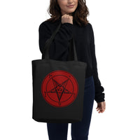 Red Sigil of Baphomet artwork on unisex tote bag, front view