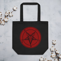Red Sigil of Baphomet artwork on unisex tote bag, front view