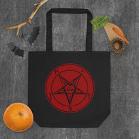 Red Sigil of Baphomet artwork on unisex tote bag, front view