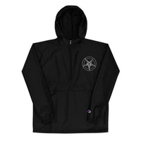 White Sigil of Baphomet embroidered Champion jacket, front view