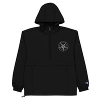 White Sigil of Baphomet embroidered Champion jacket, front view