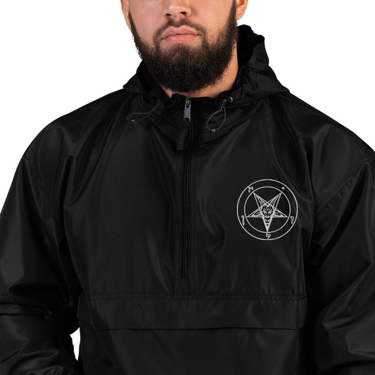 White Sigil of Baphomet embroidery on black Champion jacket, detail view