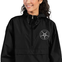 White Sigil of Baphomet embroidery on black Champion jacket, detail view